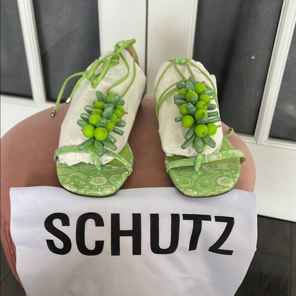 Schutz Green Beaded Sandals